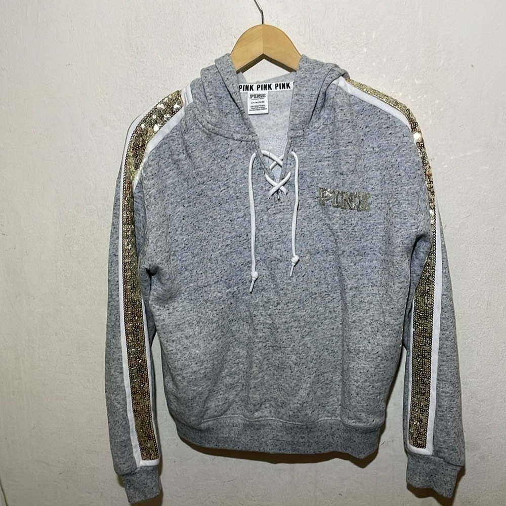 VS PINK Rose Bling Lace-Up Hooded Pullover Size Small - Picture 2 of 7